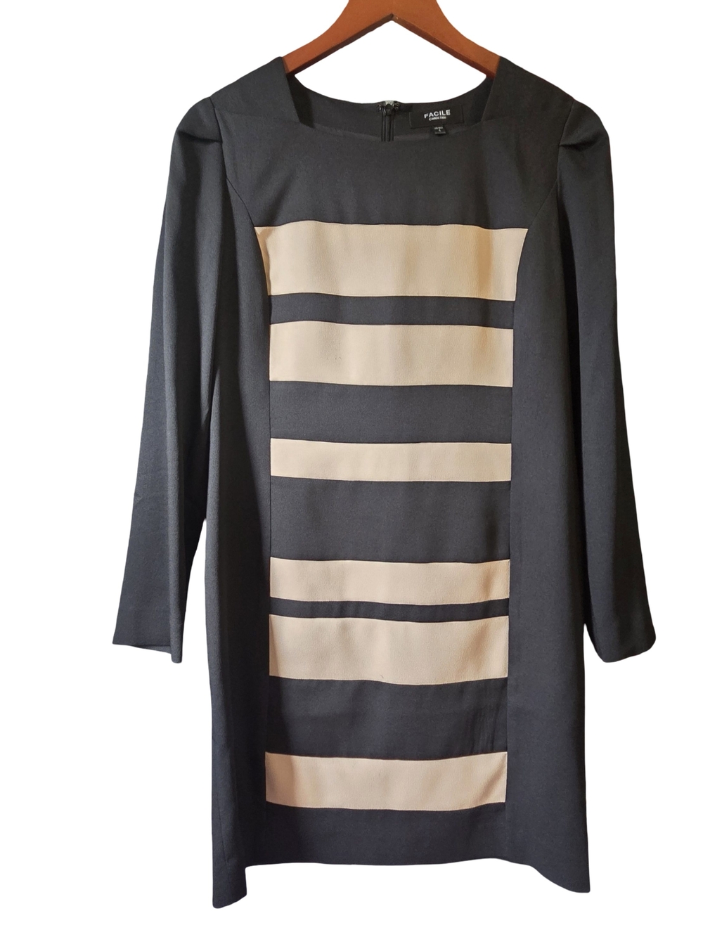 Facile Black Dress with Cream Horizontal Stripe Panel